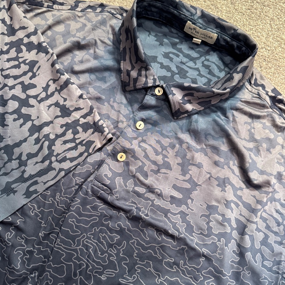 Peter Millar Polo Shirt Mens XXL Blue Camo Performance Luxury Golf Sport Golfer